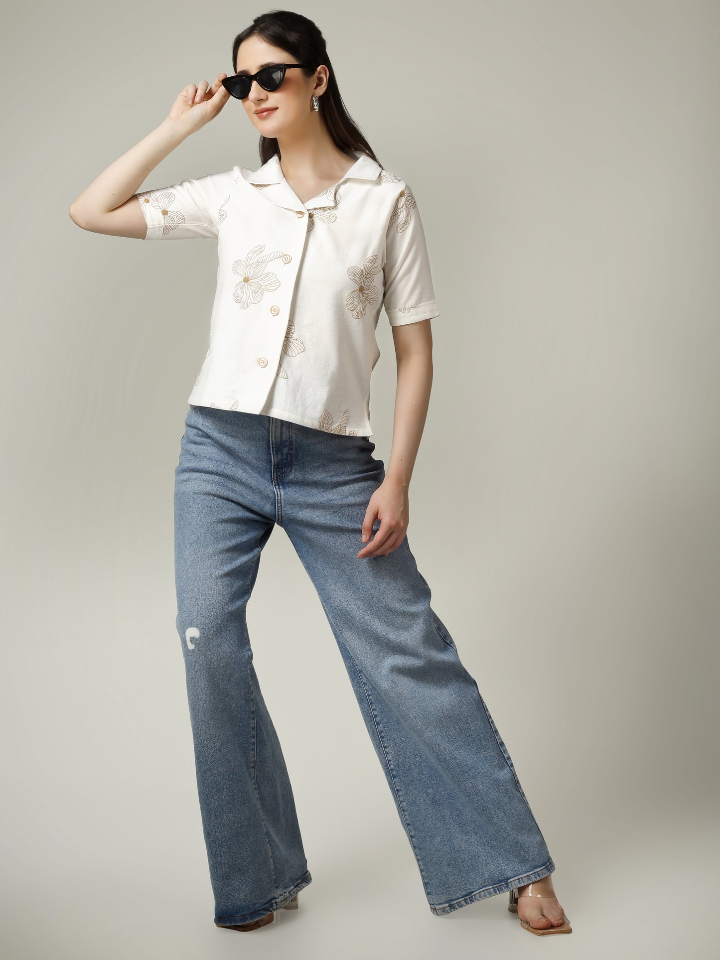 Women Flower Embroidered Linen Blend Casual Shirt
