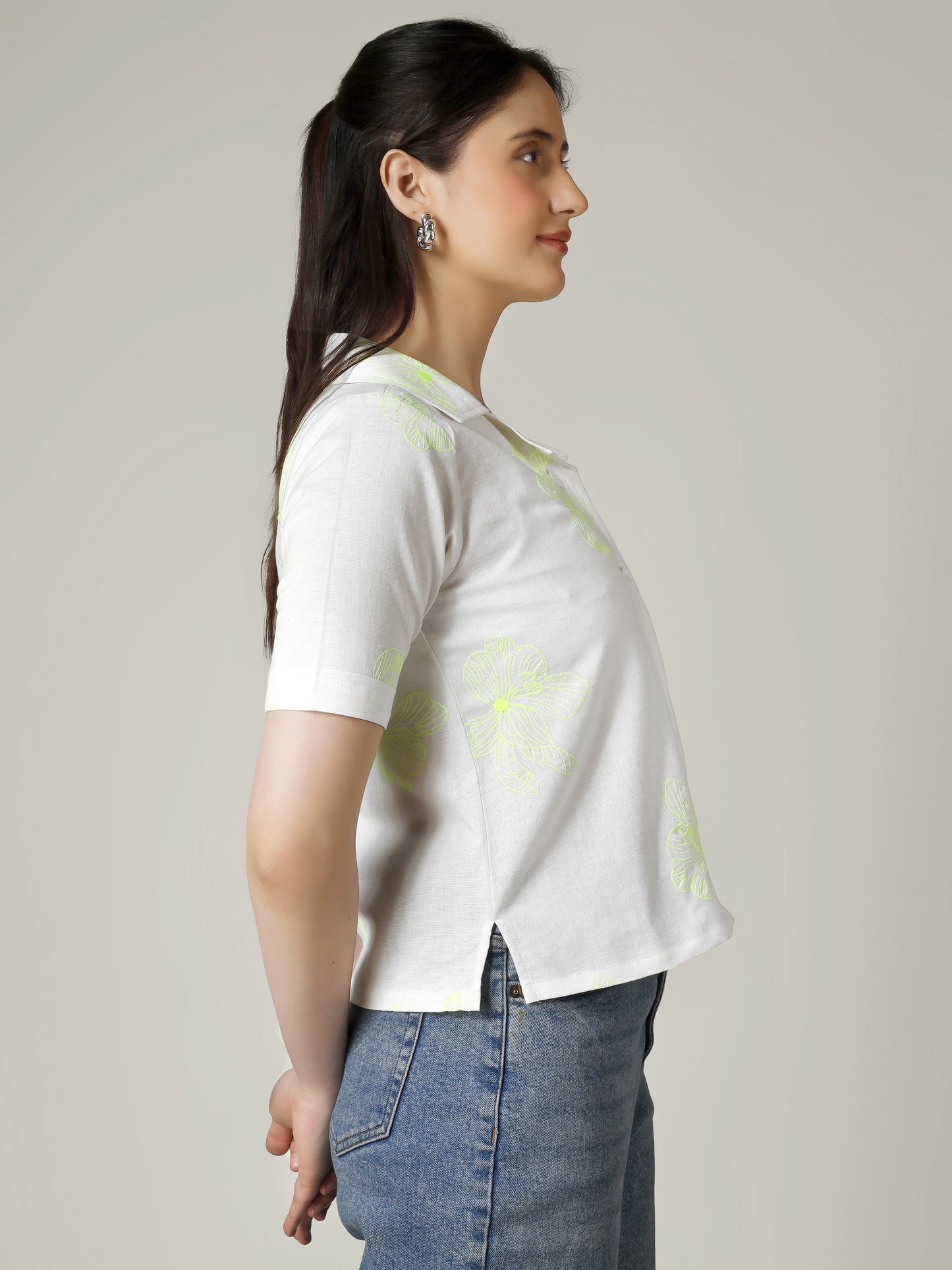 Women Flower Embroidered Linen Blend Casual Shirt