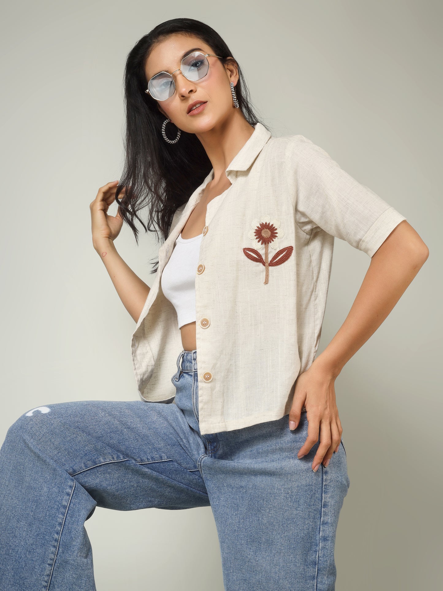 Women Floral Embroidered Linen Blend Casual Shirt
