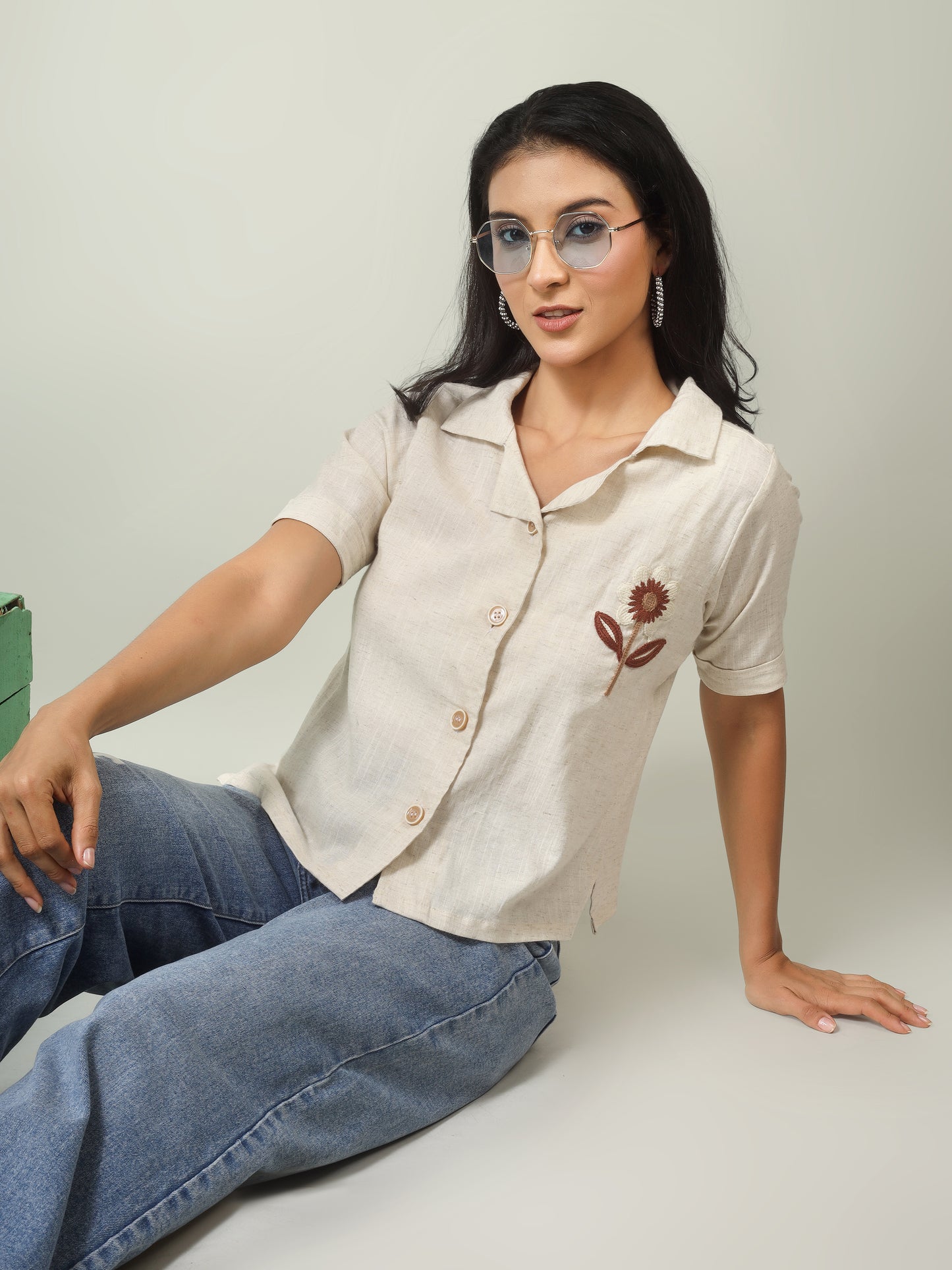 Women Floral Embroidered Linen Blend Casual Shirt