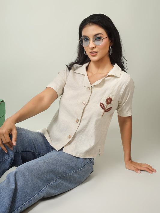 Women Floral Embroidered Linen Blend Casual Shirt