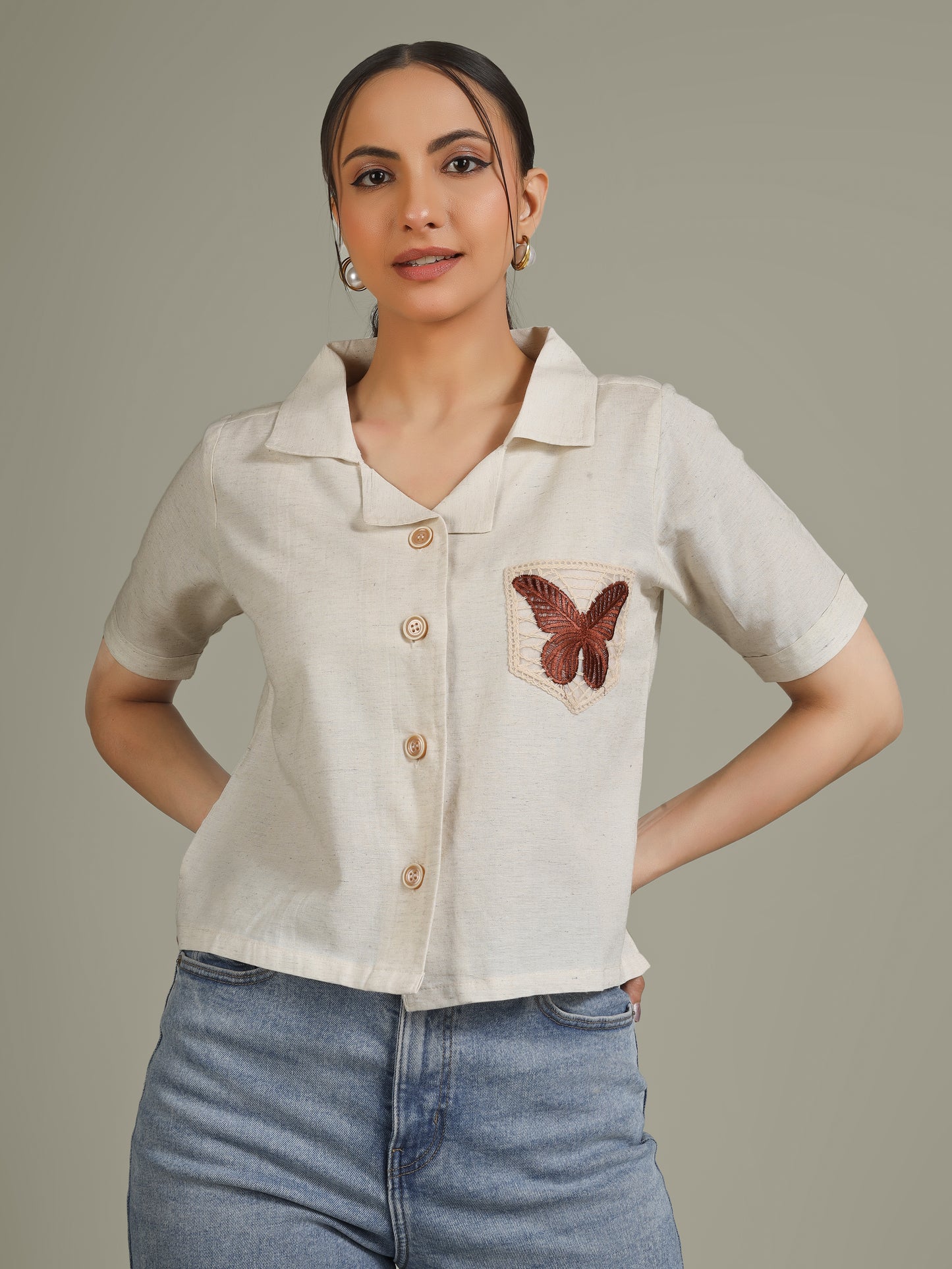 Women Embroidered Butterfly Linen Blend Casual Shirt