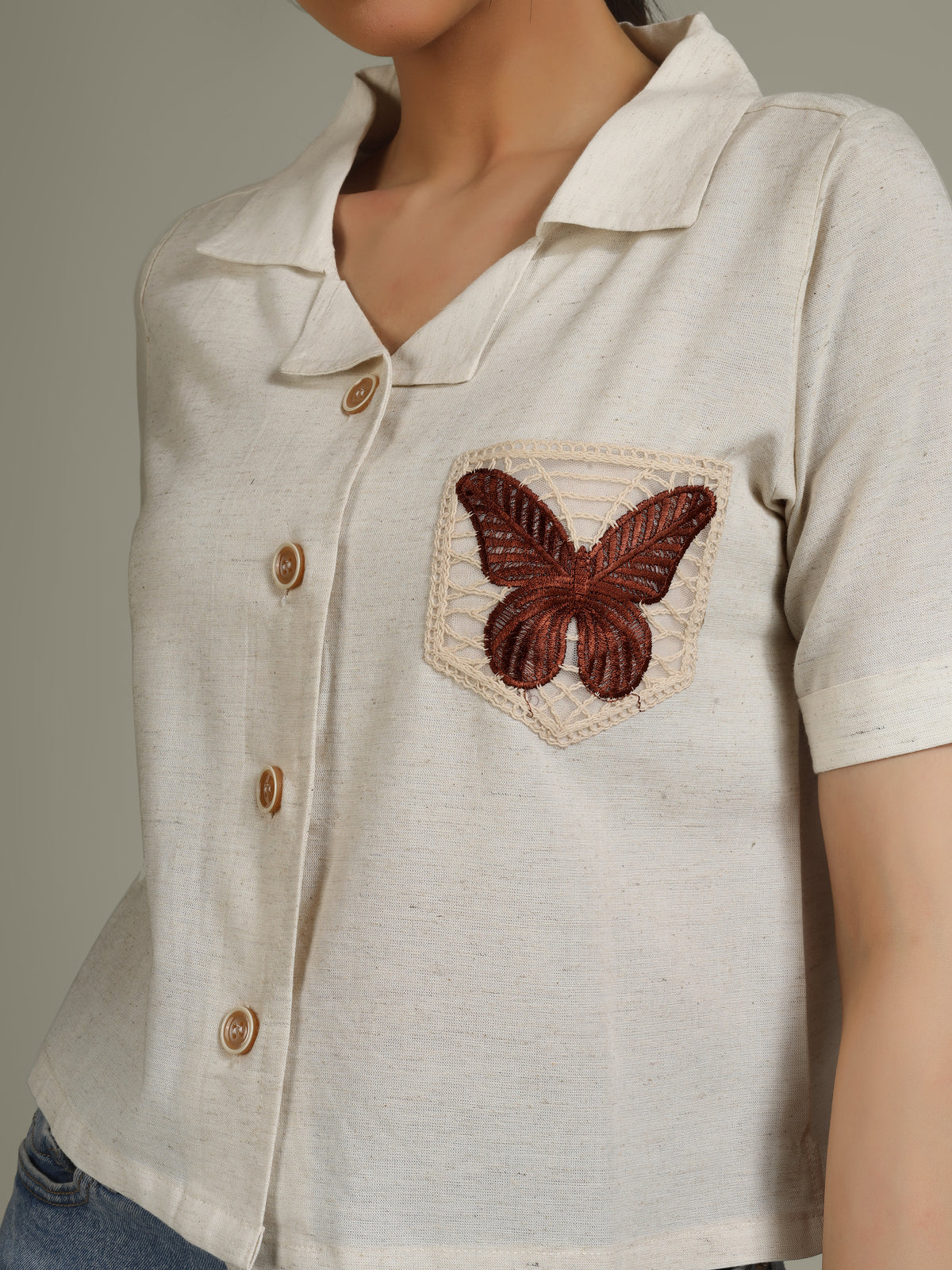 Women Embroidered Butterfly Linen Blend Casual Shirt