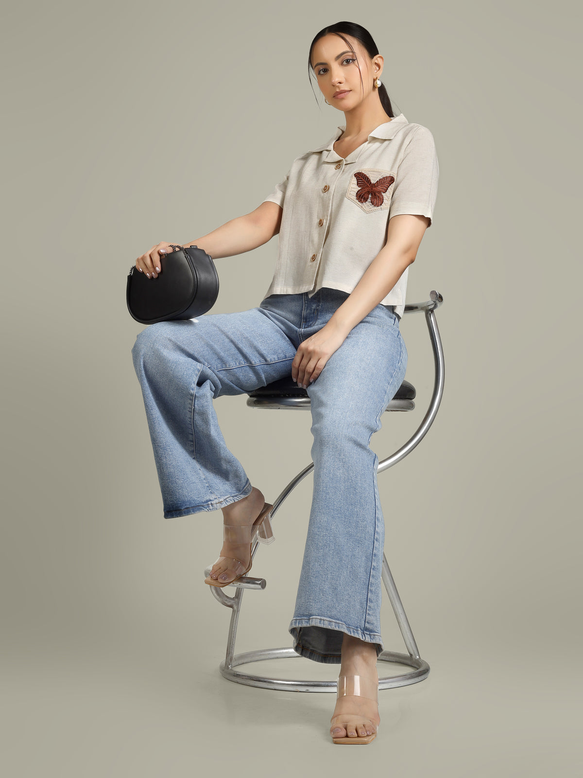Women Embroidered Butterfly Linen Blend Casual Shirt