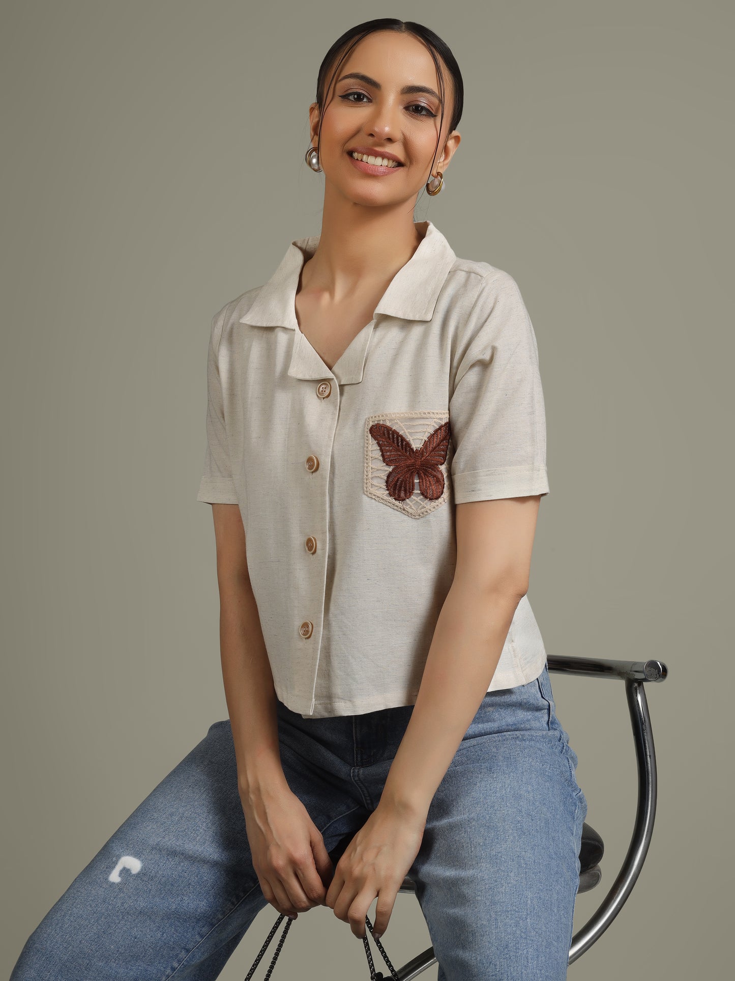 Women Embroidered Butterfly Linen Blend Casual Shirt