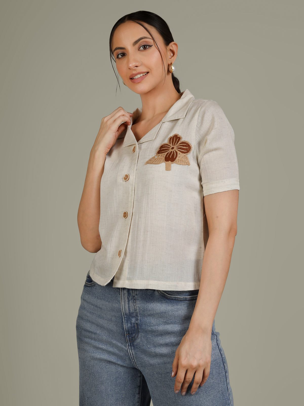Women Flower Embroidered Linen Blend Casual Shirt