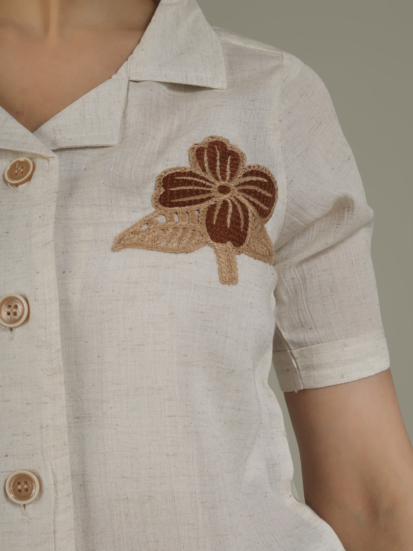 Women Flower Embroidered Linen Blend Casual Shirt