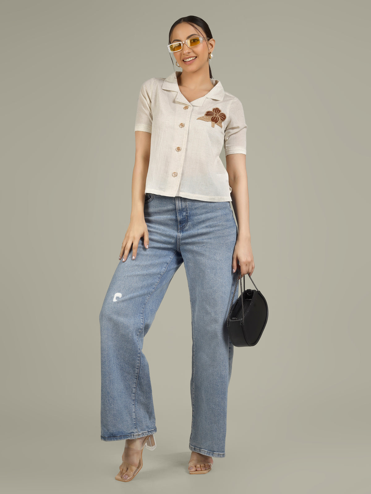 Women Flower Embroidered Linen Blend Casual Shirt