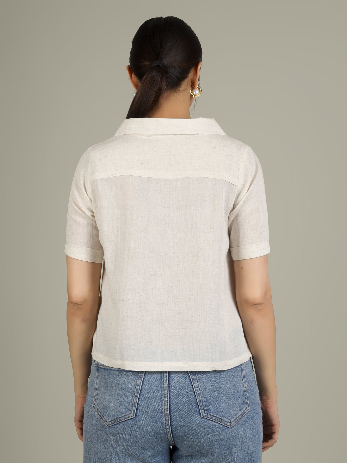 Women Flower Embroidered Linen Blend Casual Shirt