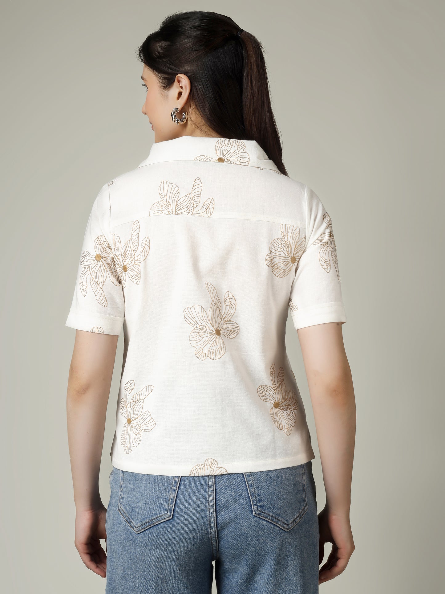 Women Flower Embroidered Linen Blend Casual Shirt