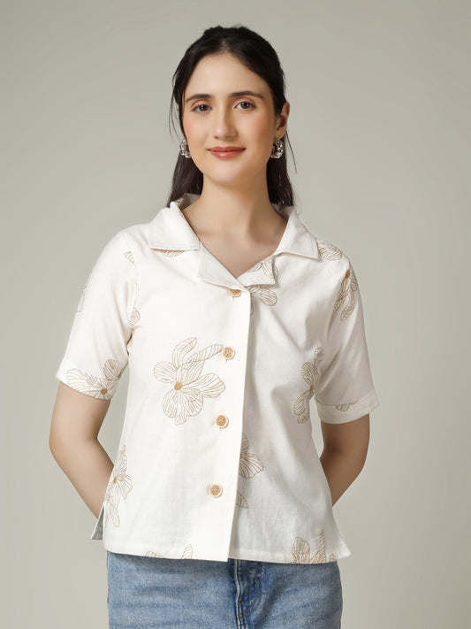 Women Flower Embroidered Linen Blend Casual Shirt
