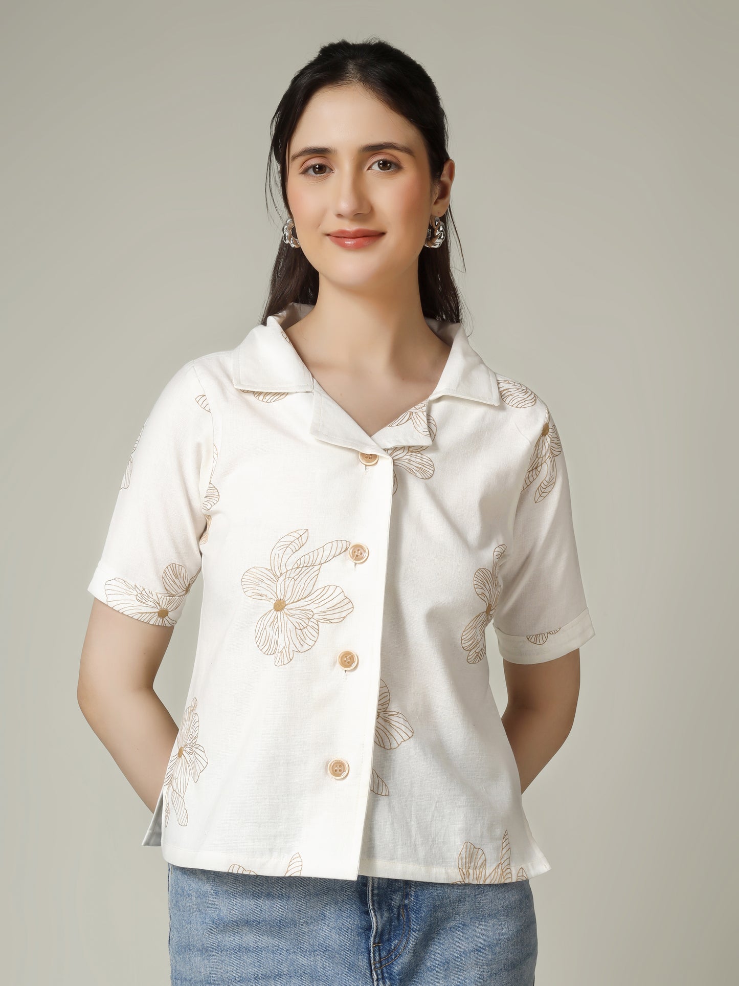 Women Flower Embroidered Linen Blend Casual Shirt