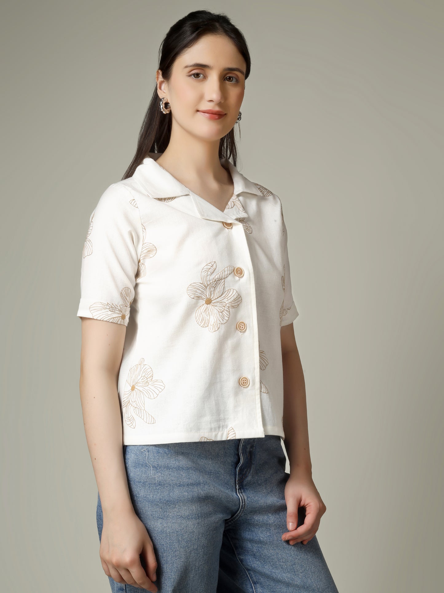 Women Flower Embroidered Linen Blend Casual Shirt