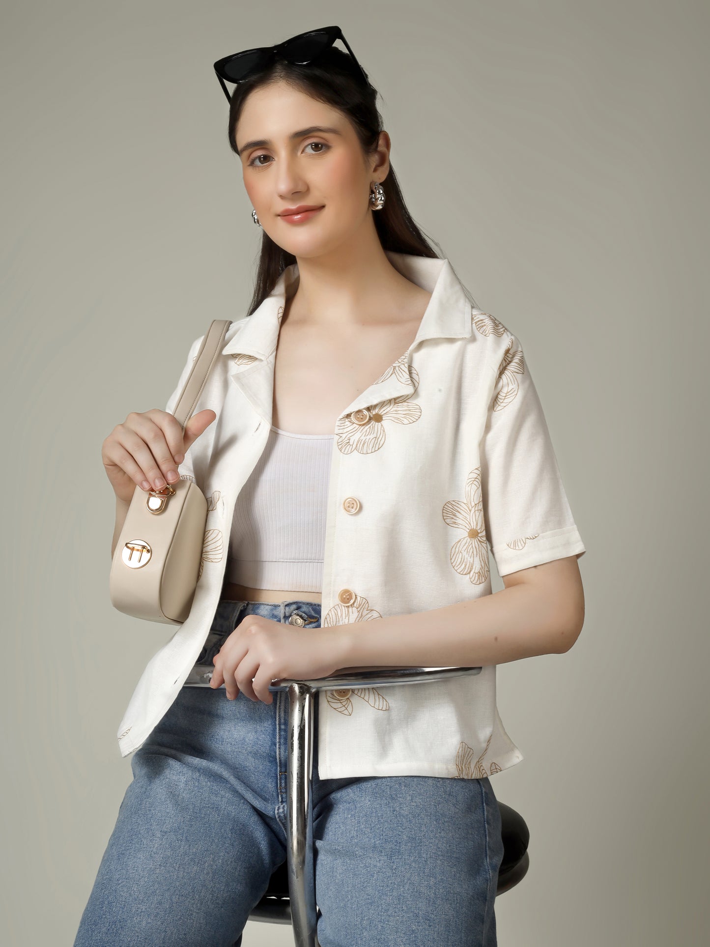 Women Flower Embroidered Linen Blend Casual Shirt