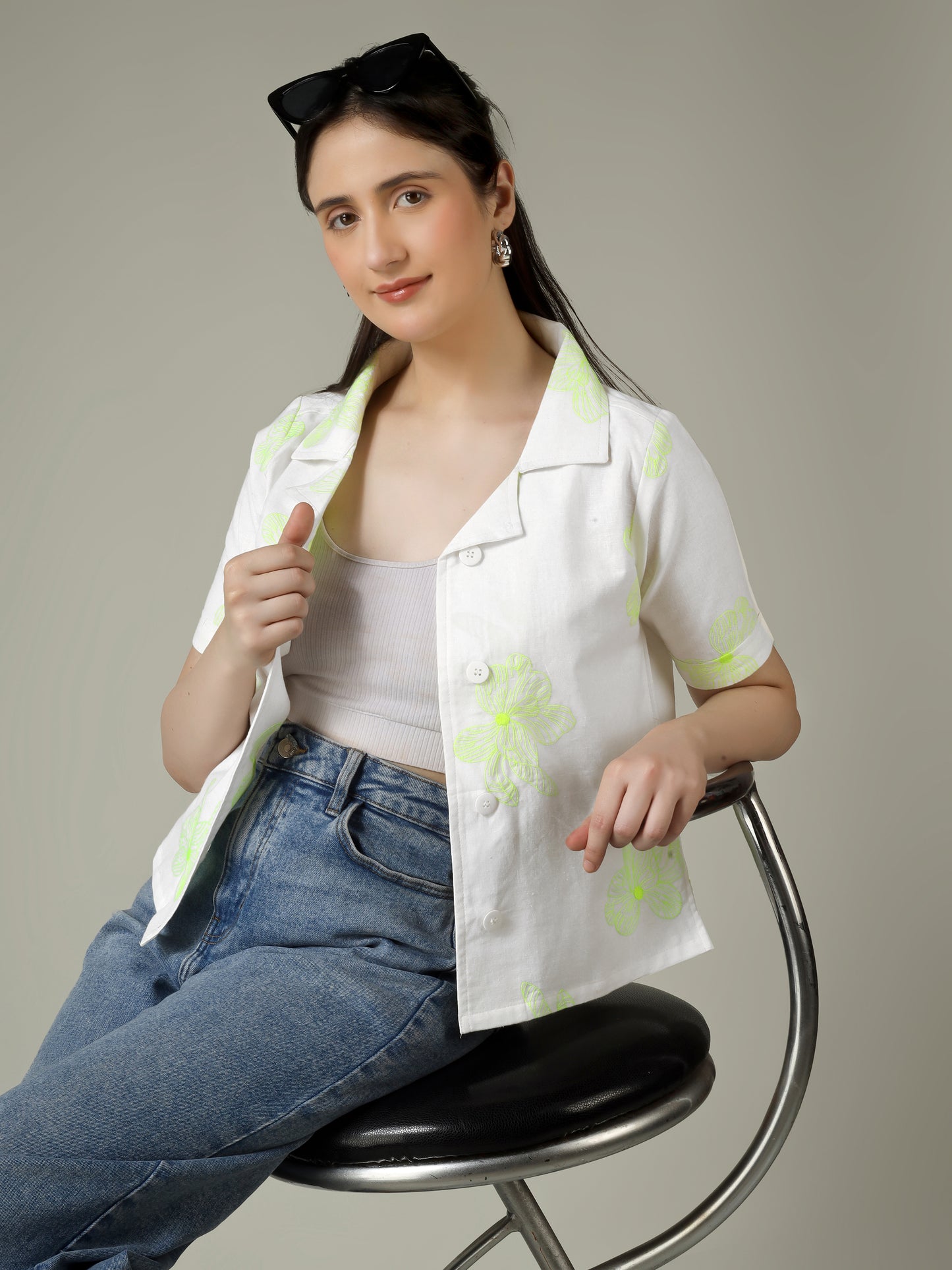 Women Flower Embroidered Linen Blend Casual Shirt