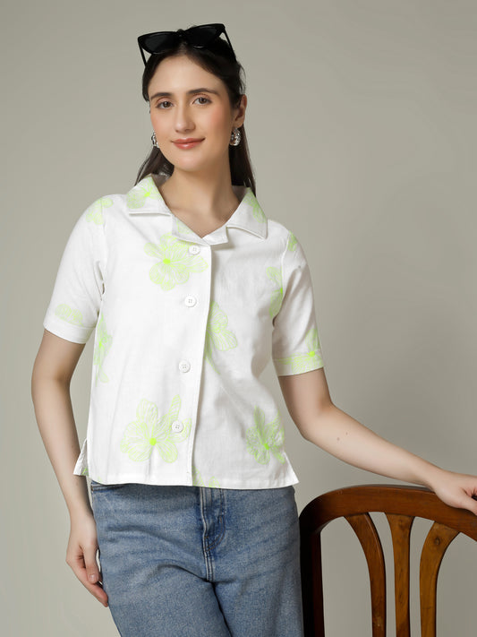 Women Flower Embroidered Linen Blend Casual Shirt