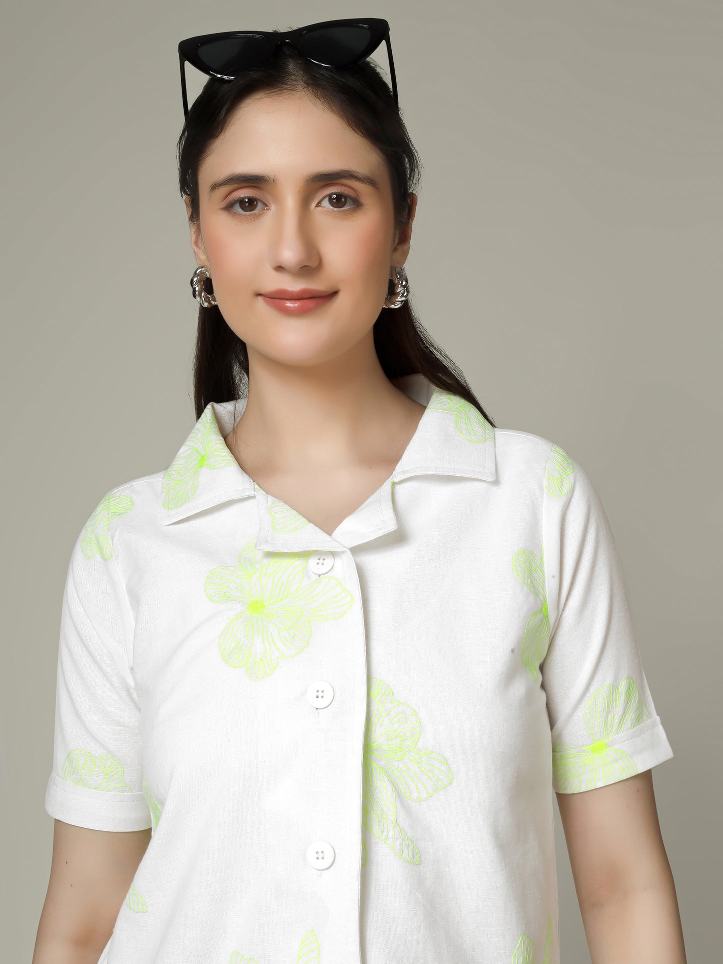Women Flower Embroidered Linen Blend Casual Shirt