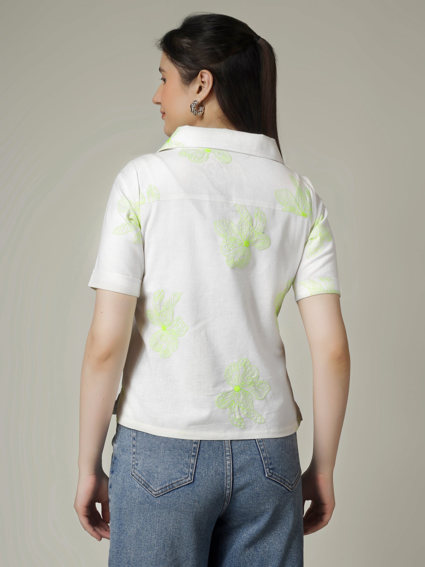 Women Flower Embroidered Linen Blend Casual Shirt