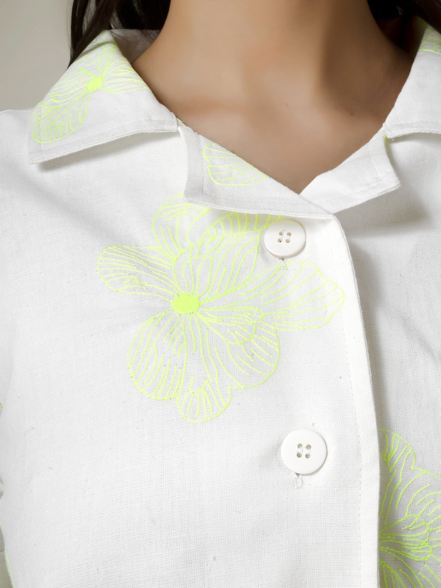 Women Flower Embroidered Linen Blend Casual Shirt